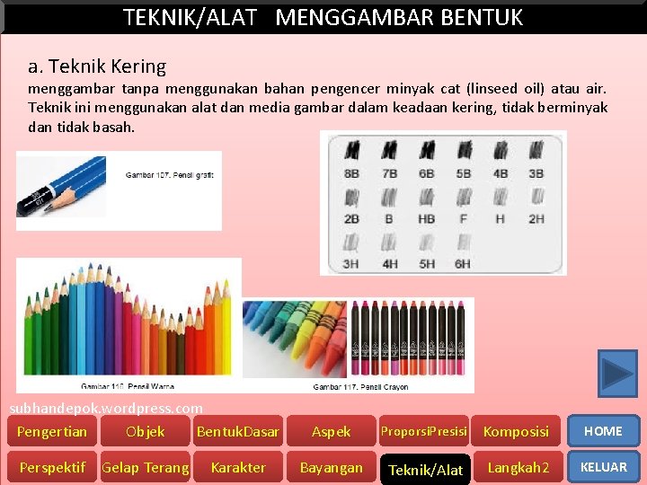 TEKNIK/ALAT MENGGAMBAR BENTUK a. Teknik Kering menggambar tanpa menggunakan bahan pengencer minyak cat (linseed