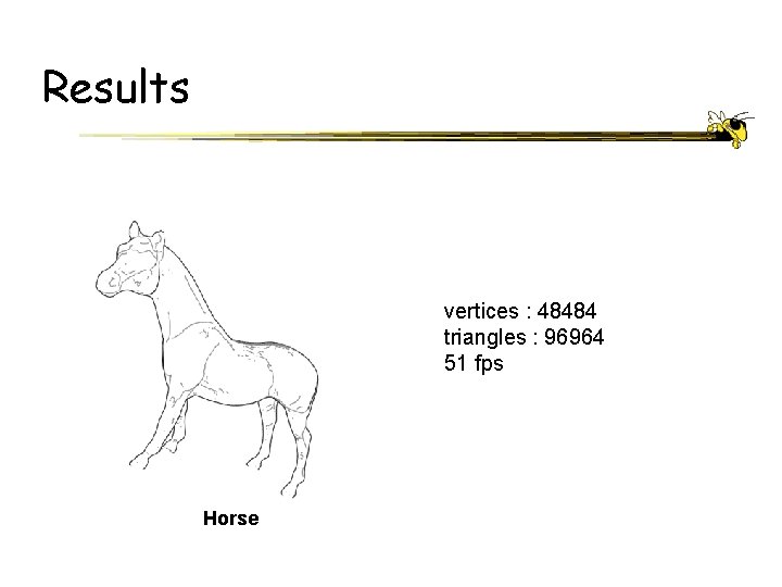 Results vertices : 48484 triangles : 96964 51 fps Horse 