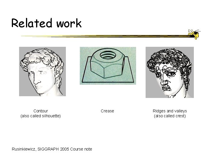 Related work Contour (also called silhouette) Rusinkiewicz, SIGGRAPH 2005 Course note Crease Ridges and