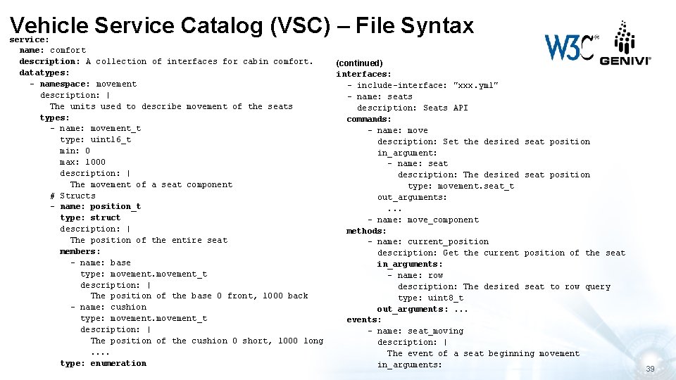 Vehicle Service Catalog (VSC) – File Syntax service: name: comfort description: A collection of