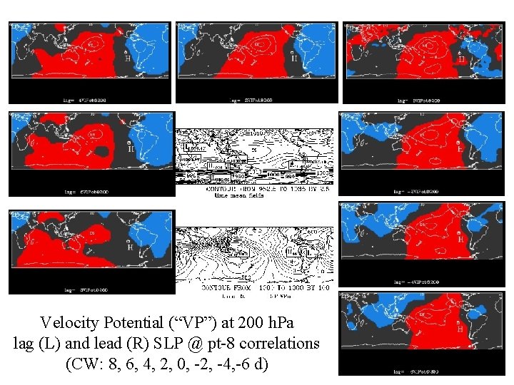 Velocity Potential (“VP”) at 200 h. Pa lag (L) and lead (R) SLP @