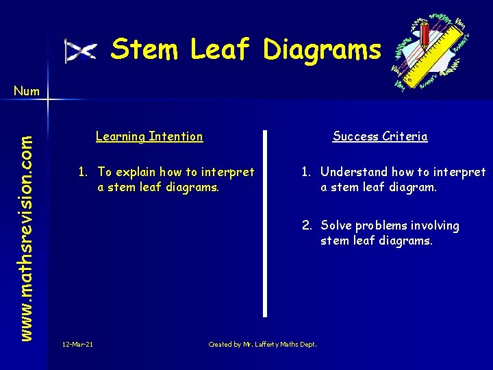 Stem Leaf Diagrams www. mathsrevision. com Num Learning Intention Success Criteria 1. To explain