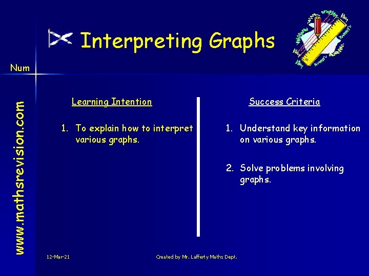 Interpreting Graphs www. mathsrevision. com Num Learning Intention Success Criteria 1. To explain how