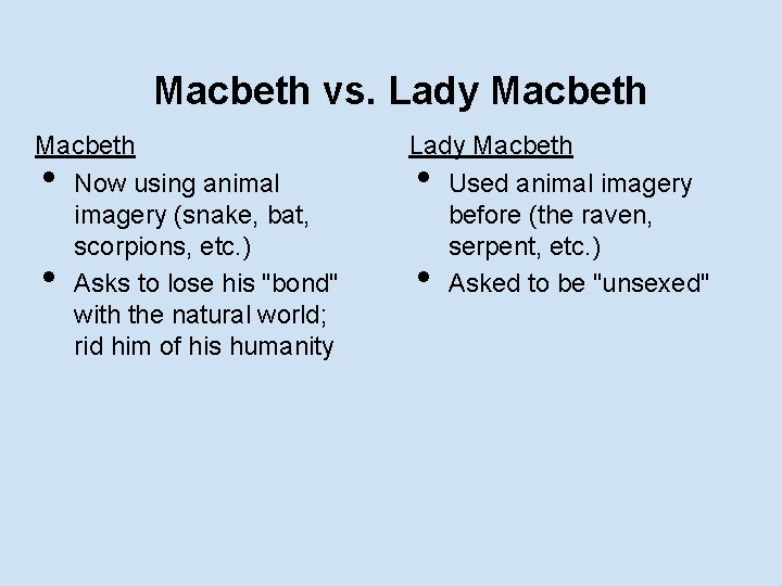 Macbeth vs. Lady Macbeth Now using animal imagery (snake, bat, scorpions, etc. ) Asks