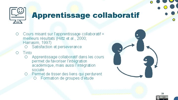 Apprentissage collaboratif o o Cours misant sur l’apprentissage collaboratif = meilleurs résultats (Hiltz et