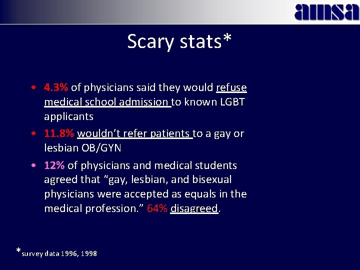 Scary stats* • 4. 3% of physicians said they would refuse medical school admission