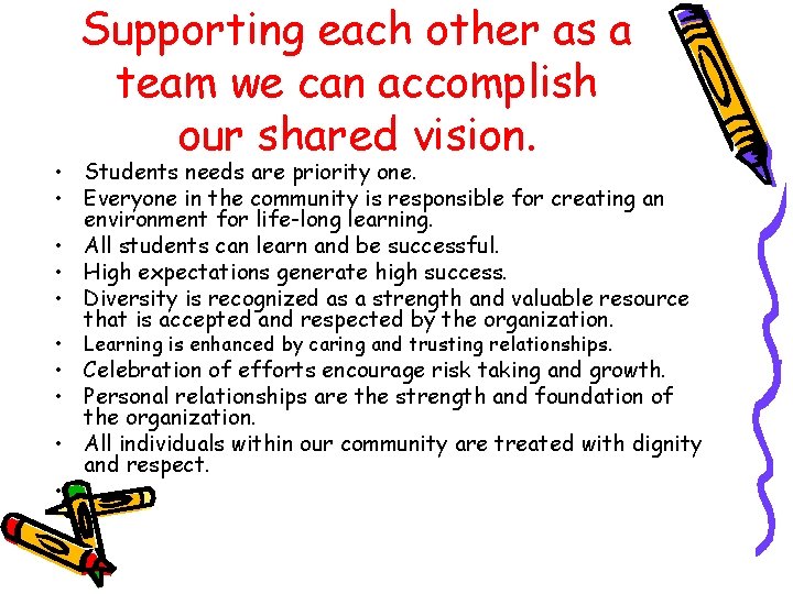 Supporting each other as a team we can accomplish our shared vision. • Students