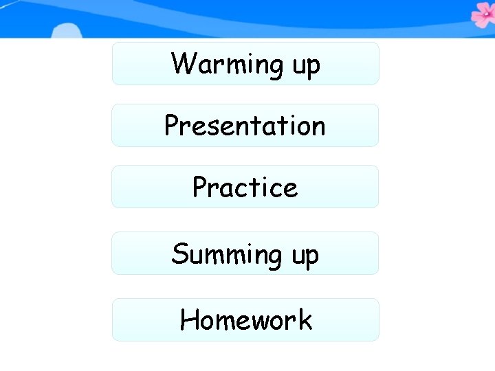 Warming up Presentation Practice Summing up Homework 