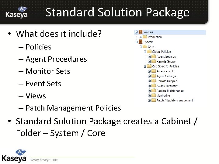 Standard Solution Package • What does it include? – Policies – Agent Procedures –