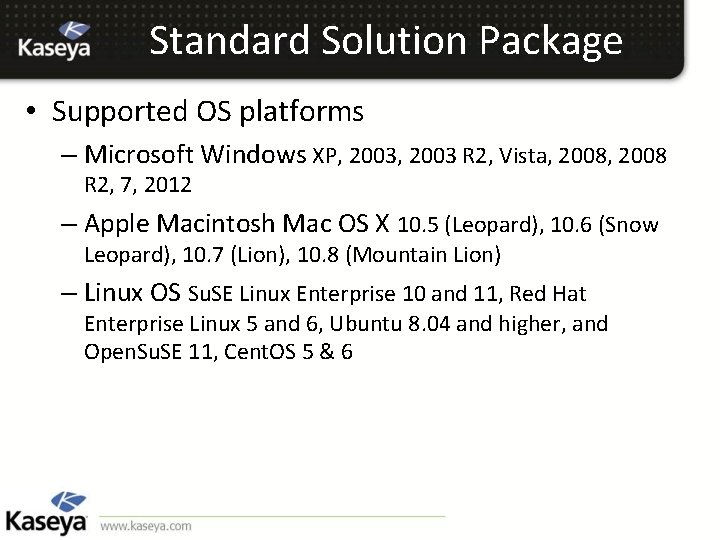 Standard Solution Package • Supported OS platforms – Microsoft Windows XP, 2003 R 2,