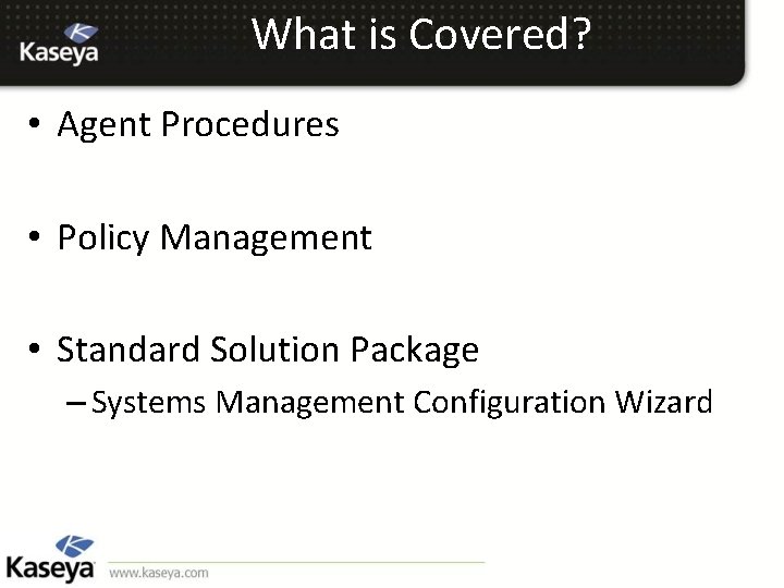 What is Covered? • Agent Procedures • Policy Management • Standard Solution Package –