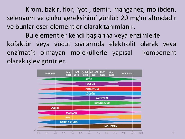 Krom, bakır, flor, iyot , demir, manganez, molibden, selenyum ve çinko gereksinimi günlük 20