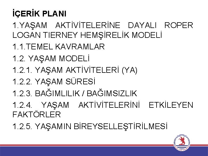 İÇERİK PLANI 1. YAŞAM AKTİVİTELERİNE DAYALI ROPER LOGAN TIERNEY HEMŞİRELİK MODELİ 1. 1. TEMEL