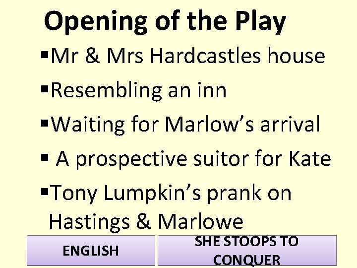 Opening of the Play §Mr & Mrs Hardcastles house §Resembling an inn §Waiting for