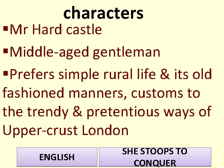 characters §Mr Hard castle §Middle-aged gentleman §Prefers simple rural life & its old fashioned