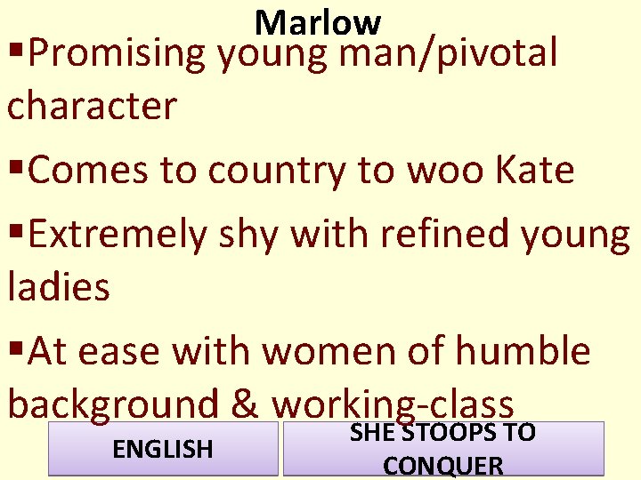 Marlow §Promising young man/pivotal character §Comes to country to woo Kate §Extremely shy with