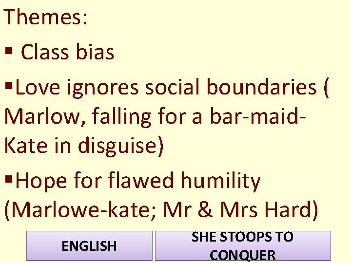 Themes: § Class bias §Love ignores social boundaries ( Marlow, falling for a bar-maid. Themes: § Class bias §Love ignores social boundaries ( Marlow, falling for a bar-maid.