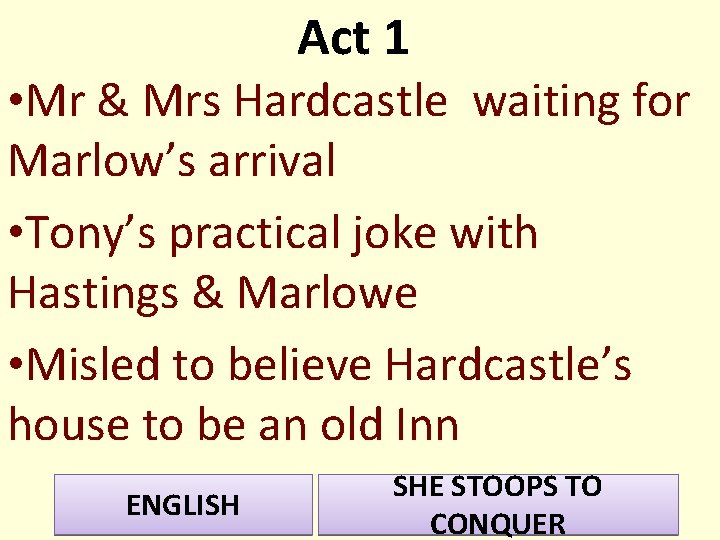 Act 1 • Mr & Mrs Hardcastle waiting for Marlow’s arrival • Tony’s practical