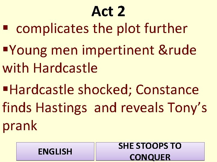 Act 2 § complicates the plot further §Young men impertinent &rude with Hardcastle §Hardcastle