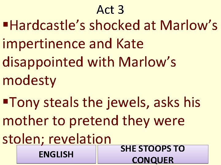 Act 3 §Hardcastle’s shocked at Marlow’s impertinence and Kate disappointed with Marlow’s modesty §Tony