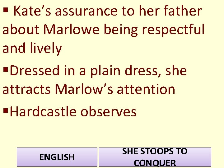 § Kate’s assurance to her father about Marlowe being respectful and lively §Dressed in