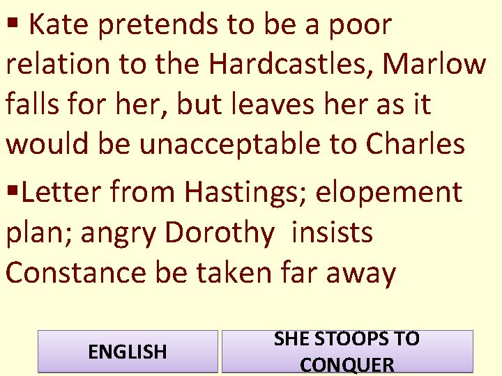 § Kate pretends to be a poor relation to the Hardcastles, Marlow falls for