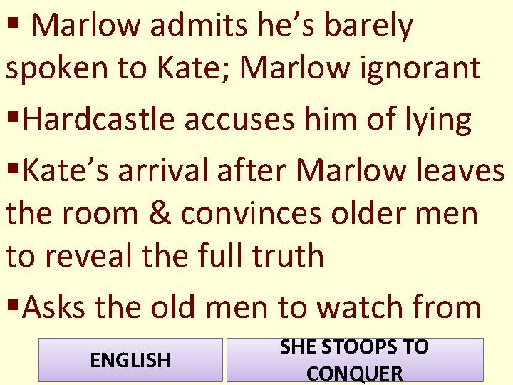 § Marlow admits he’s barely spoken to Kate; Marlow ignorant §Hardcastle accuses him of
