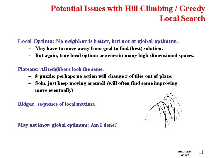 Potential Issues with Hill Climbing / Greedy Local Search Local Optima: No neighbor is
