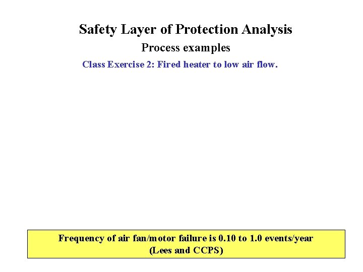 Safety Layer of Protection Analysis Process examples Class Exercise 2: Fired heater to low