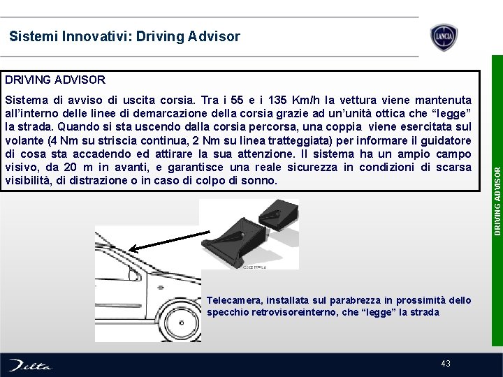  Sistemi Innovativi: Driving Advisor Sistema di avviso di uscita corsia. Tra i 55