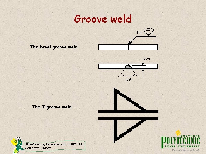 Groove weld The bevel groove weld The J-groove weld Manufacturing Processes Lab 1 (MET