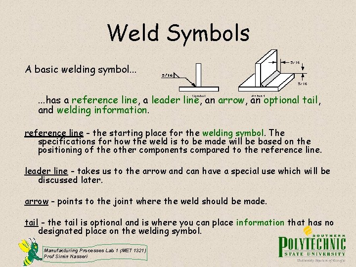 Weld Symbols A basic welding symbol. . . has a reference line, a leader