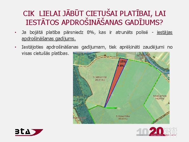 CIK LIELAI JĀBŪT CIETUŠAI PLATĪBAI, LAI IESTĀTOS APDROŠINĀŠANAS GADĪJUMS? • Ja bojātā platība pārsniedz