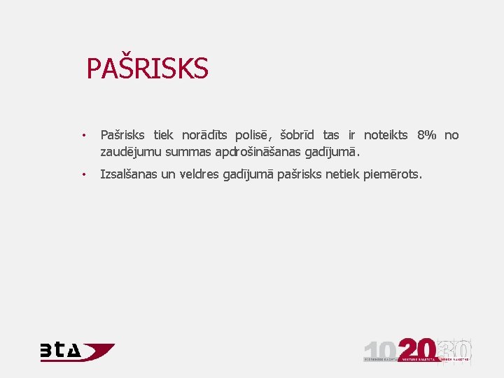 PAŠRISKS • Pašrisks tiek norādīts polisē, šobrīd tas ir noteikts 8% no zaudējumu summas