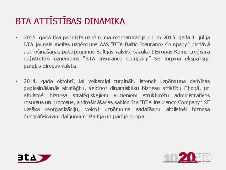 BTA ATTĪSTĪBAS DINAMIKA • 2015. gadā tika pabeigta uzņēmuma reorganizācija un no 2015. gada