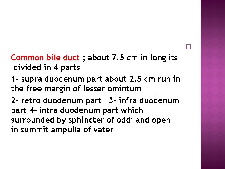  Common bile duct ; about 7. 5 cm in long its divided in
