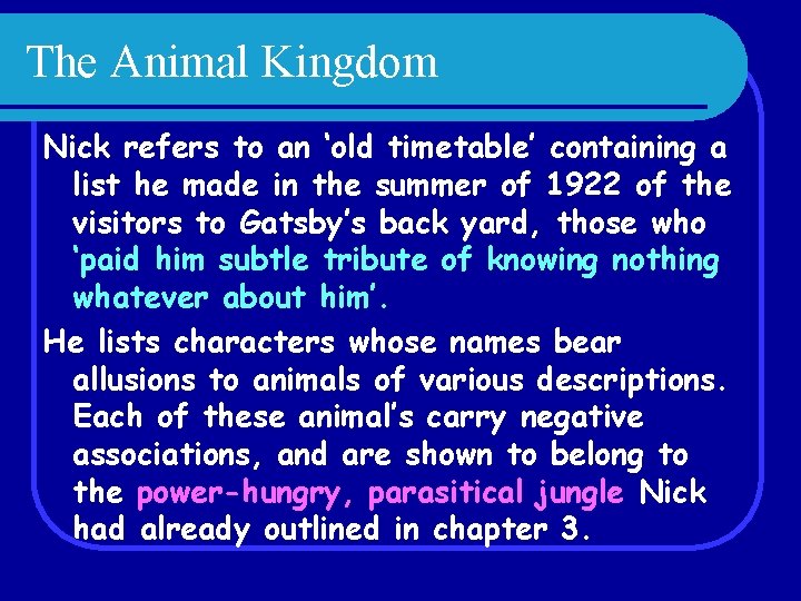 The Animal Kingdom Nick refers to an ‘old timetable’ containing a list he made