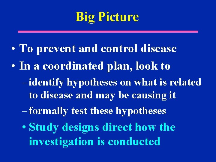 Big Picture • To prevent and control disease • In a coordinated plan, look