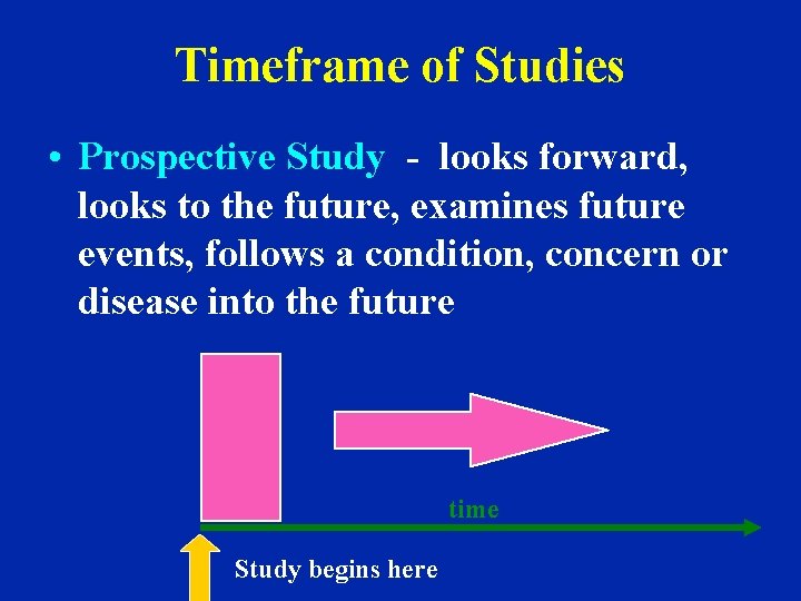 Timeframe of Studies • Prospective Study - looks forward, looks to the future, examines