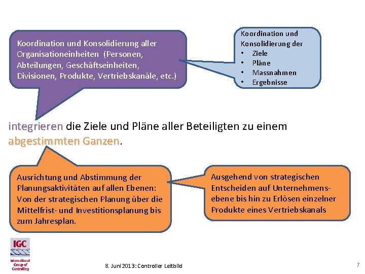 Koordination und Konsolidierung aller Organisationeinheiten (Personen, Abteilungen, Geschäftseinheiten, Divisionen, Produkte, Vertriebskanäle, etc. ) Koordination