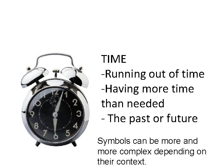 TIME -Running out of time -Having more time than needed - The past or