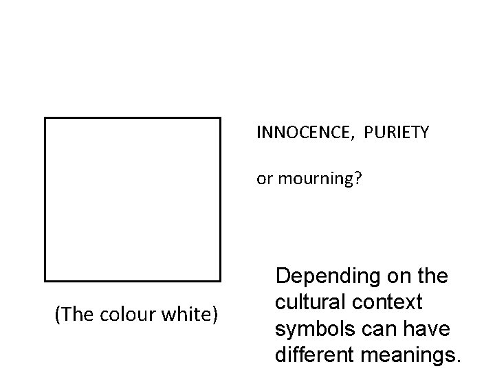 INNOCENCE, PURIETY or mourning? (The colour white) Depending on the cultural context symbols can