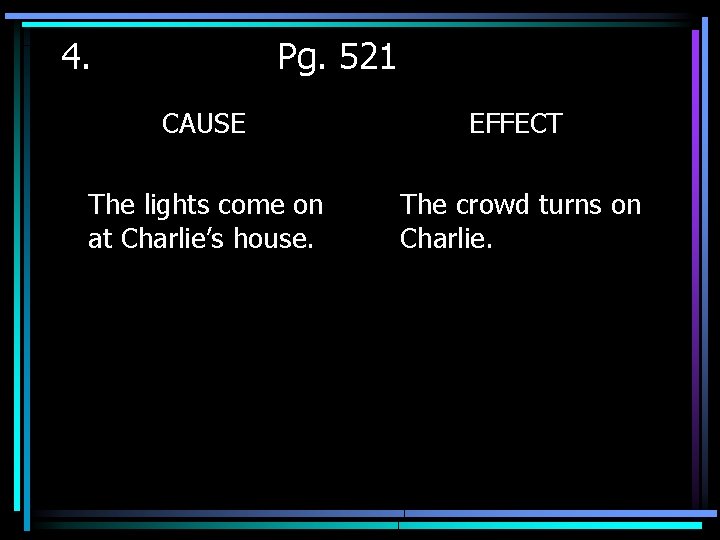 4. Pg. 521 CAUSE EFFECT The lights come on at Charlie’s house. The crowd