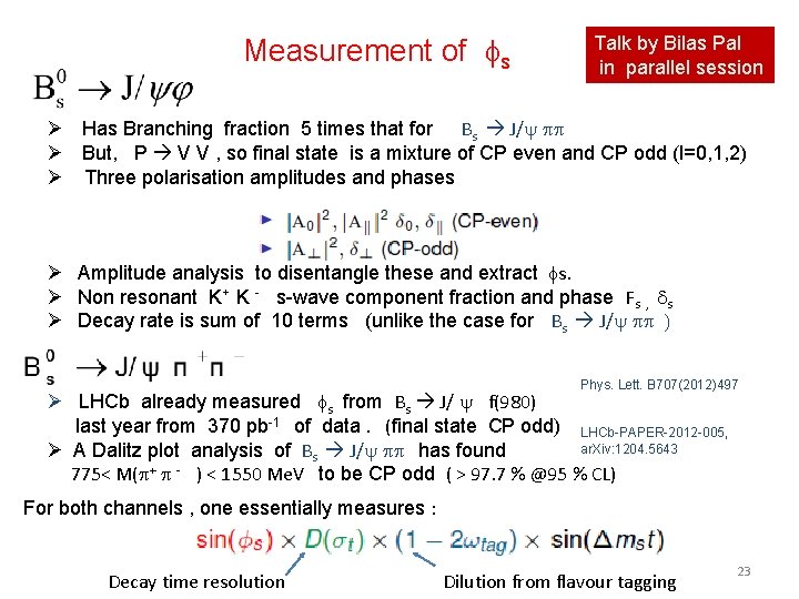Measurement of fs Talk by Bilas Pal in parallel session Ø Has Branching fraction