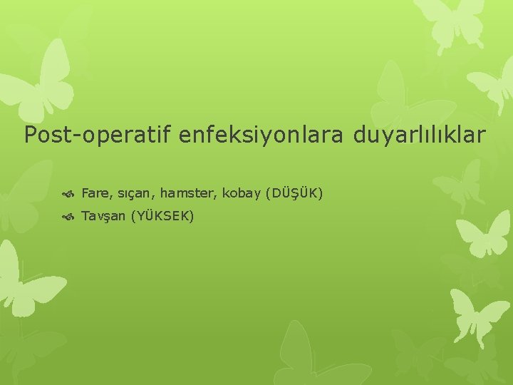 Post-operatif enfeksiyonlara duyarlılıklar Fare, sıçan, hamster, kobay (DÜŞÜK) Tavşan (YÜKSEK) 