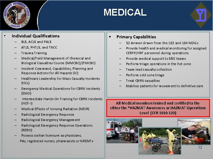 MEDICAL • Individual Qualifications – – – – BLS, ACLS and PALS ATLS, PHTLS,