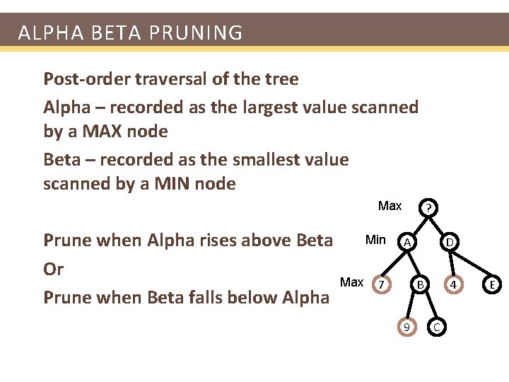 ALPHA BETA PRUNING Post-order traversal of the tree Alpha – recorded as the largest