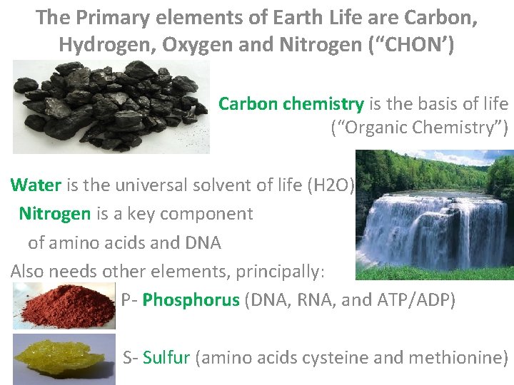The Primary elements of Earth Life are Carbon, Hydrogen, Oxygen and Nitrogen (“CHON’) Carbon