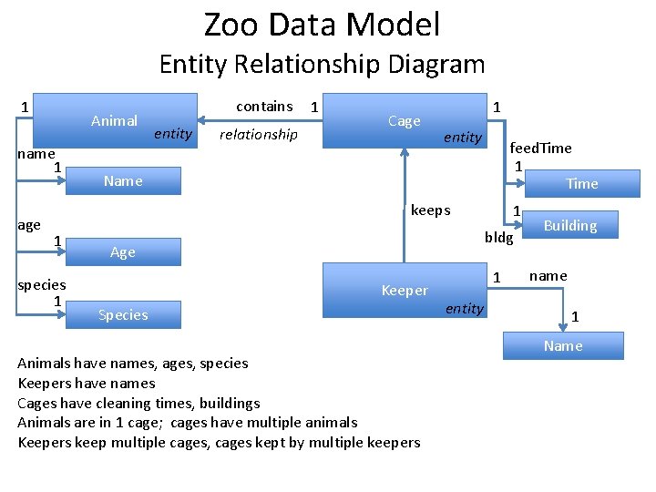 Zoo Data Model Entity Relationship Diagram 1 Animal name 1 age contains entity relationship