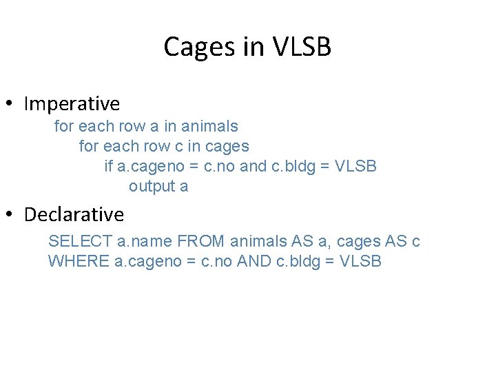 Cages in VLSB • Imperative for each row a in animals for each row